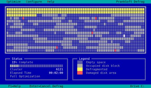 Fake MS-DOS defragmenter screen with a cluster map and a legend
