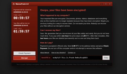 Fake ransomware screen with two countdowns and a bitcoin address