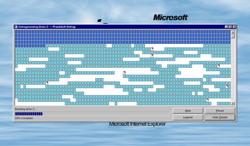 Fake Windows disk defragmenter window with a cluster map on the Windows 95 desktop